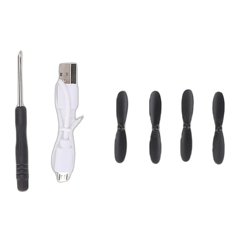 Foam RC quadcopter drone set with USB hand controller, antenna rod, four black propellers