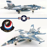 Blue and gray camo F/A-18E Super Hornet die-cast model with landing gear down