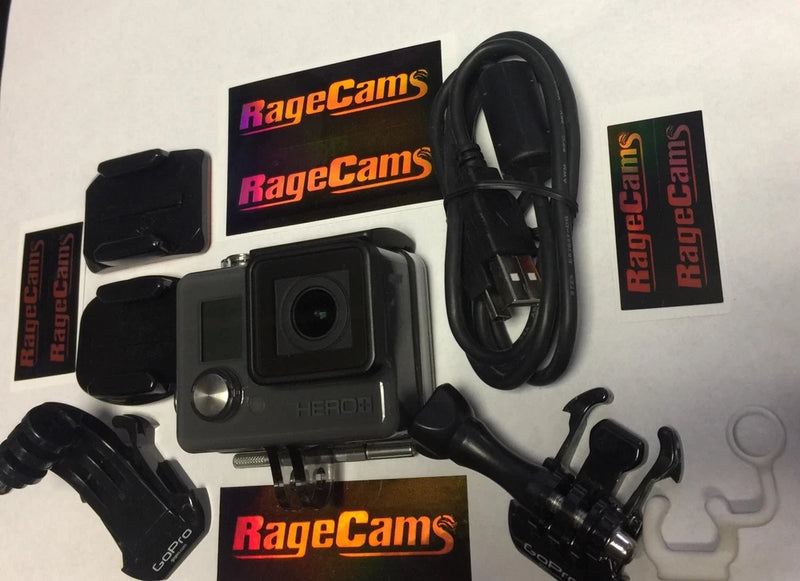GoPro HERO+LCD waterproof action cam with housing, mounting bracket, and black cable