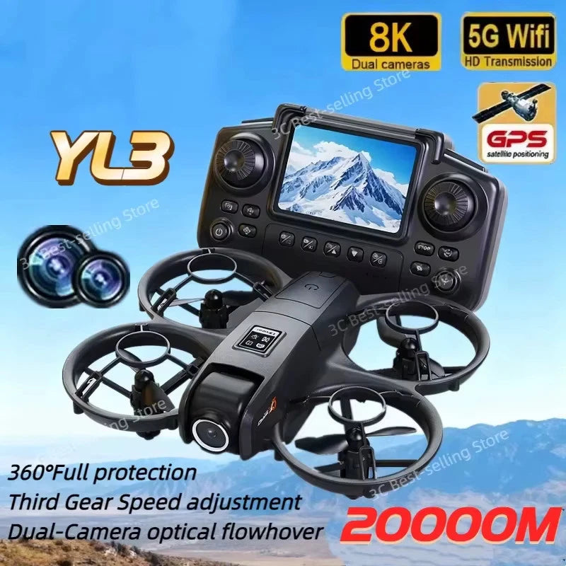 Quadcopter drone with remote controller, dual cameras, 8K display screen