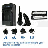 LED battery charger kit with Li-ion battery pack, power cable, and US/AU/UK/EU plugs
