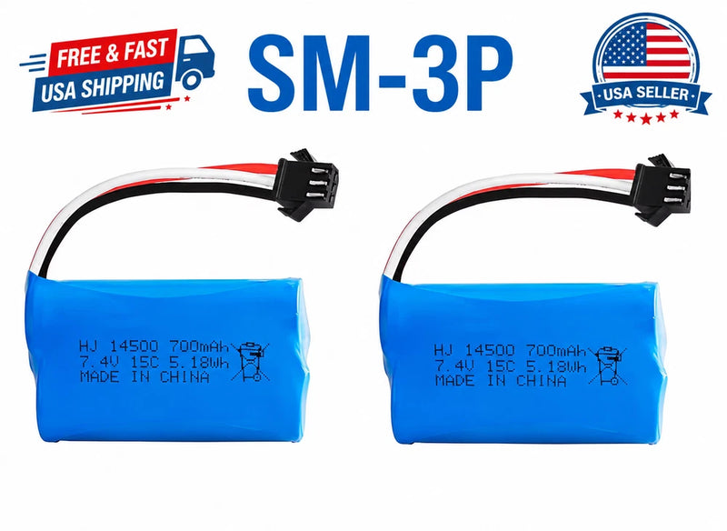 2-pack blue Li-ion remote car batteries with black connectors, SM-3P marked