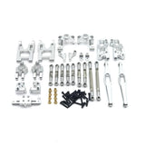 Silver aluminum RC upgrade parts kit with brackets, screws, bolts, and two rod arms