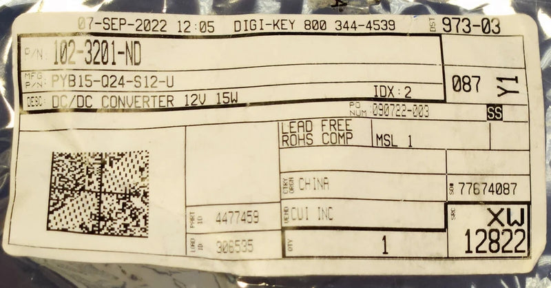 CUI INC PYB15 Q24 S12 U DIGI KEY 102 3201 ND DC to DC Converter Input 9-36 VDC