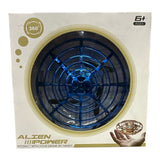 Blue handheld 360° drone with circular fan design, shown in retail box.