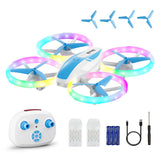 LED light RC helicopter toy with four blue blades and white remote controller