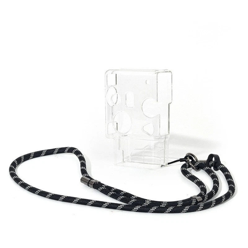 FUJIFILM MiniEVO clear camera cover with integrated lanyard slot and black patterned strap