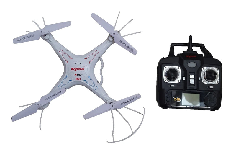 Light blue quadcopter drone with four gray propellers and black controller.