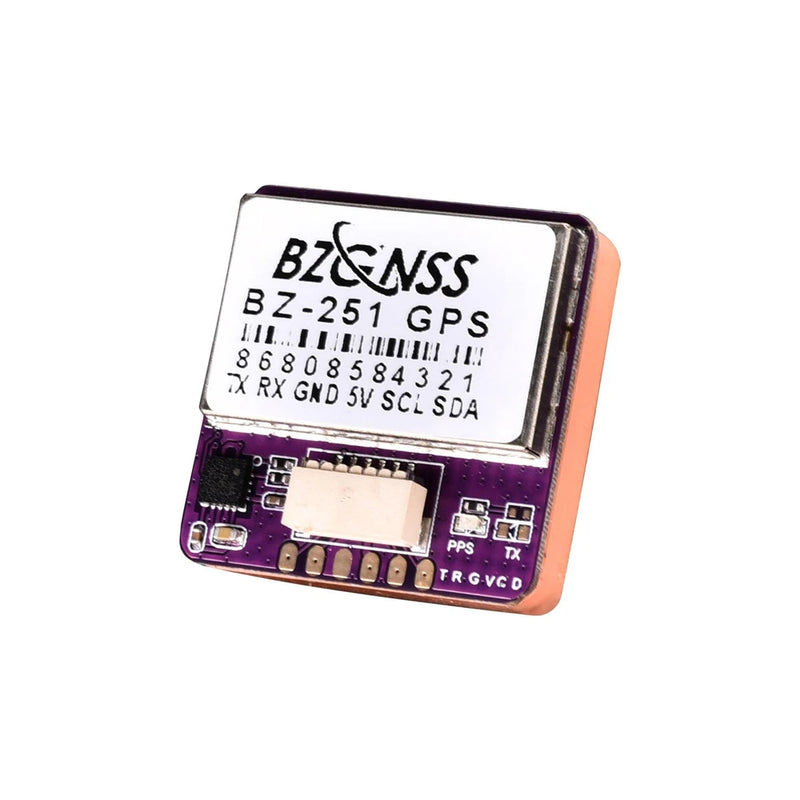 BZGNSS BZ-251 GPS module with purple PCB and metal GPS antenna shield