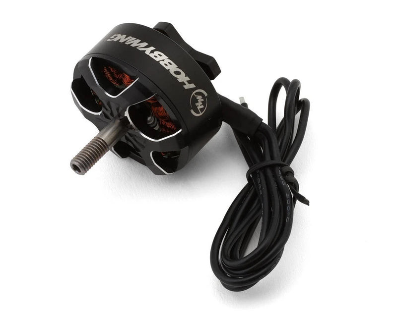Hobbywing FPV drone racing motor with black wires and mounting shaft