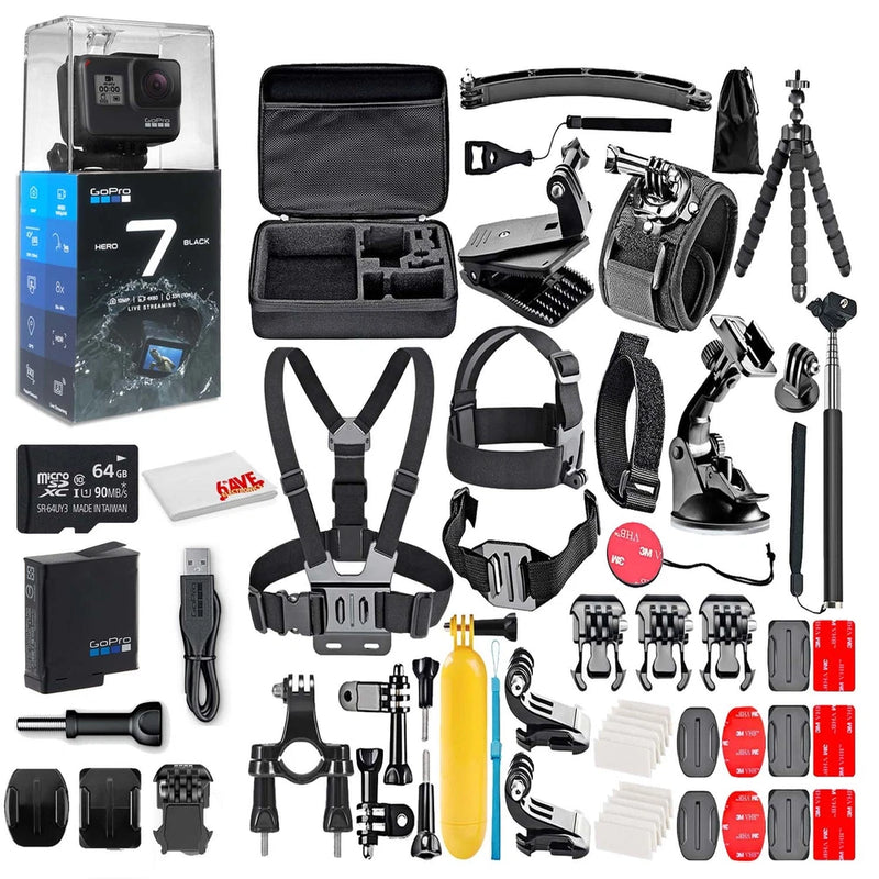 GoPro HERO7 Black action camera kit with case, mounts, tripod, waterproof accessories