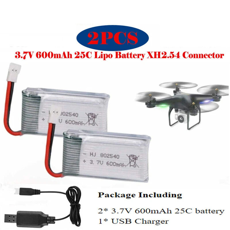2PCS 3.7V 600mAh 25C Lipo battery XH2.54 Plug with USB Charger for RC Quadcopter
