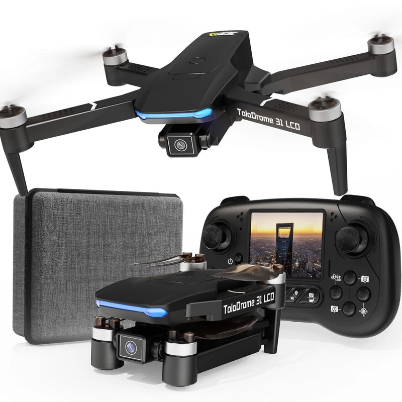 Foldable RC drone with LCD screen and remote controller, black with blue LEDs