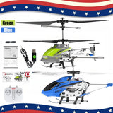 Mini RC helicopter set with green and blue helicopters, four-blade rotor