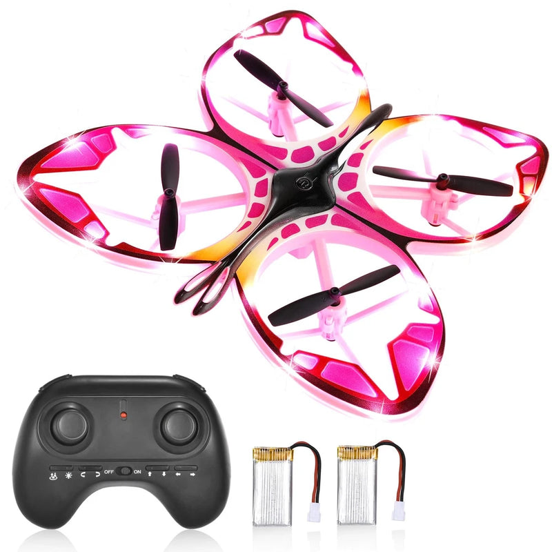 Pink mini RC butterfly drone with colorful LEDs and black remote controller