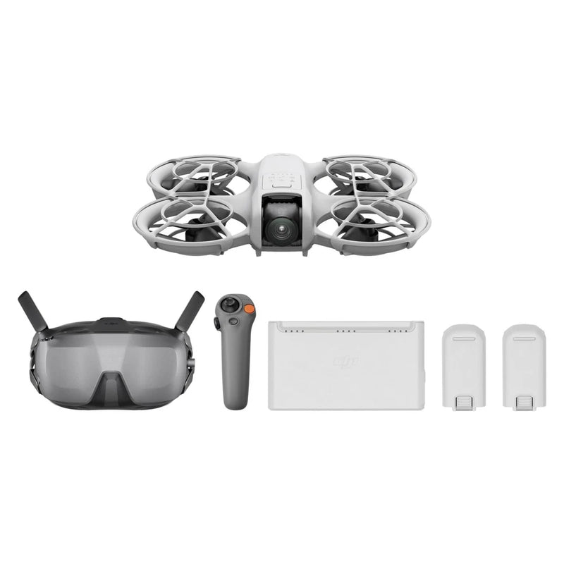 Gray mini drone with 4-rotor frame, remote controller, charging hub and two batteries