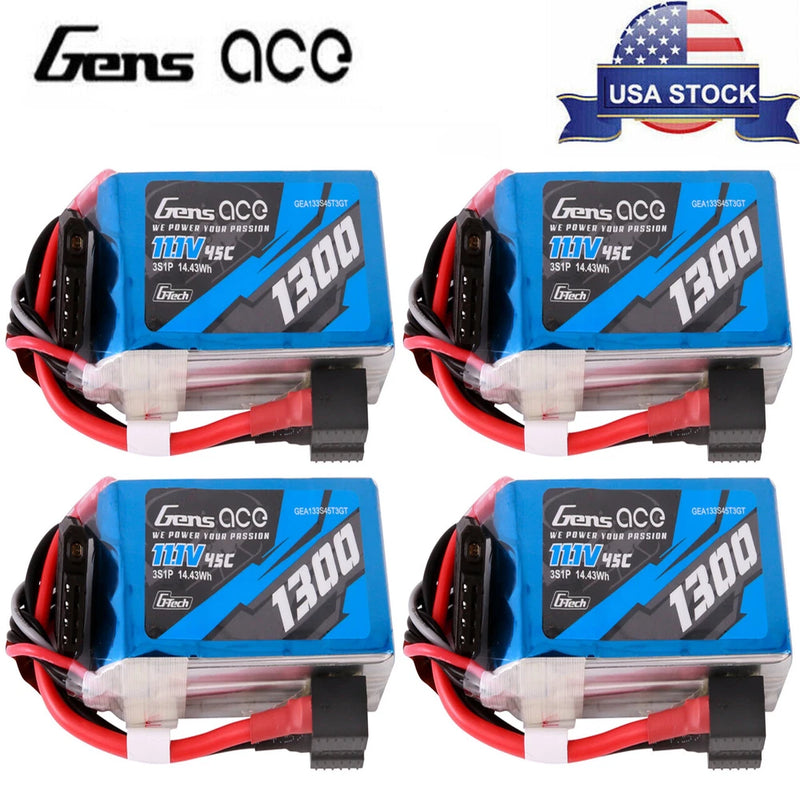 4X Gens Ace G-Tech 1300mAh 45C 11.1V 3S Lipo Battery With EC3 And Deans Adapter