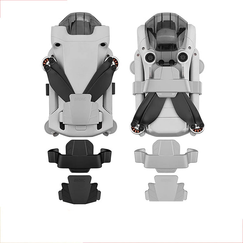 Drone propeller protective holder buckle, gray and black, front/back views