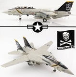 1:72 scale F-14 Tomcat model with gray fuselage and black skull tail art