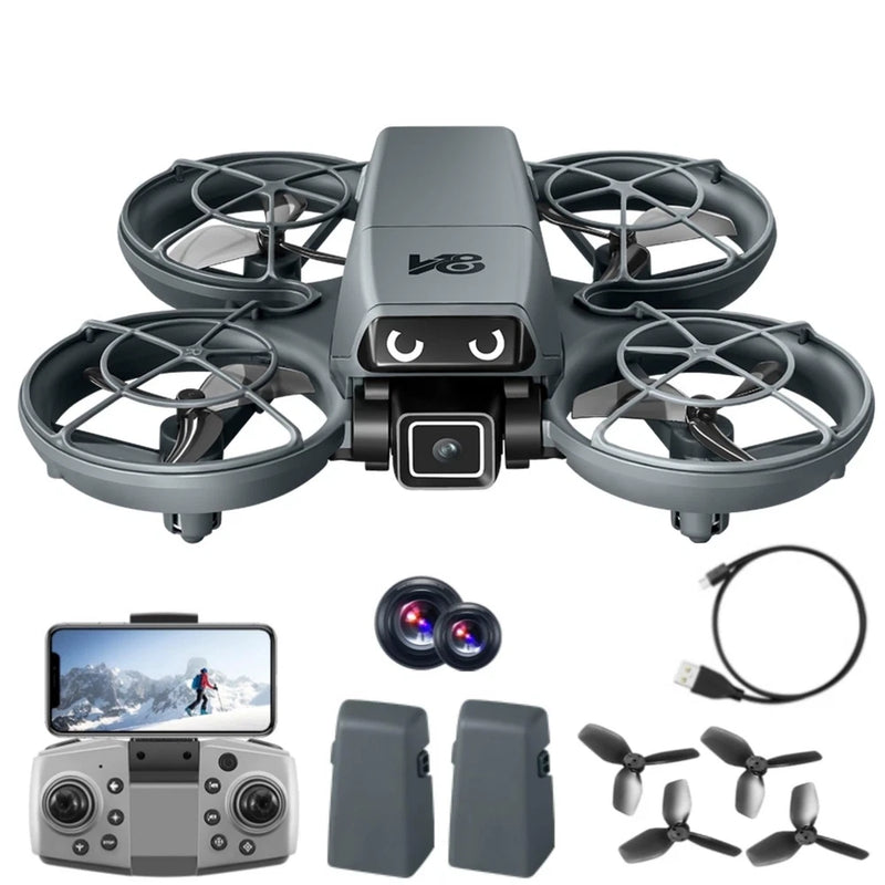 Small black-gray RC drone with dual cameras, four propellers, controller and spare parts