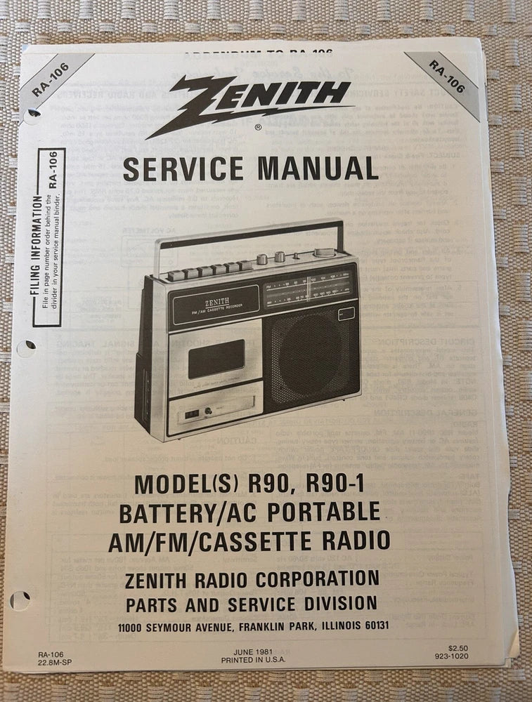 Jun/81 Zenith Model(s) R90,R90-1 Battery /AC Portable Service  Manual Battery