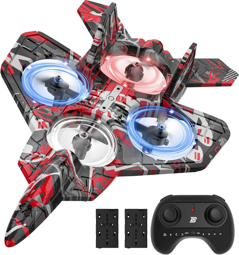 Mini RC fighter jet drone with red/gray camo, four propellers with LED lights, plus remote