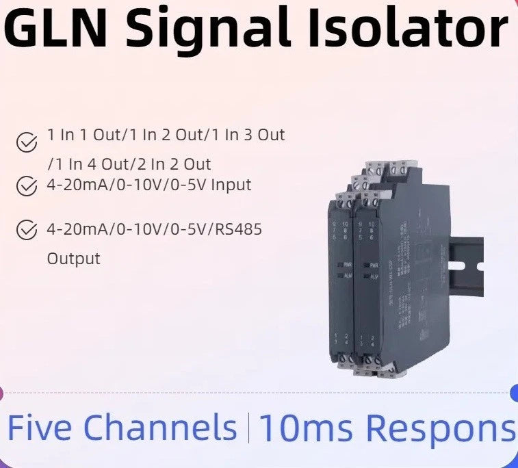 Black signal isolator/analog converter module with screw terminals, mounted on DIN rail