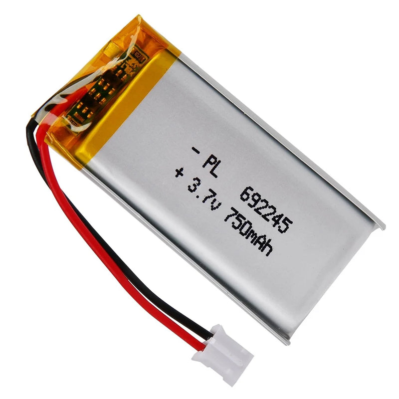 Winfox 3.7V LiPo battery pack with 750mAh rating, 692245 label, red/black leads and connector