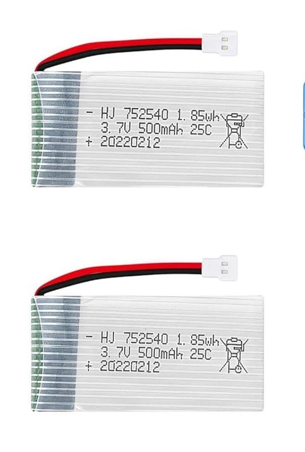 Rechargeable 3.7V 500mAh 25C LiPo battery pack, 752040, with red/black leads and JST connector.