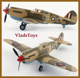 RAF WWII scale model plane in tan with roundels, propeller and landing gear, side view