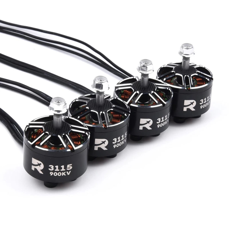 Four black 3115 900KV brushless RC motors with prop mount and wire leads
