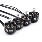 Four black 3115 900KV brushless RC motors with prop mount and wire leads