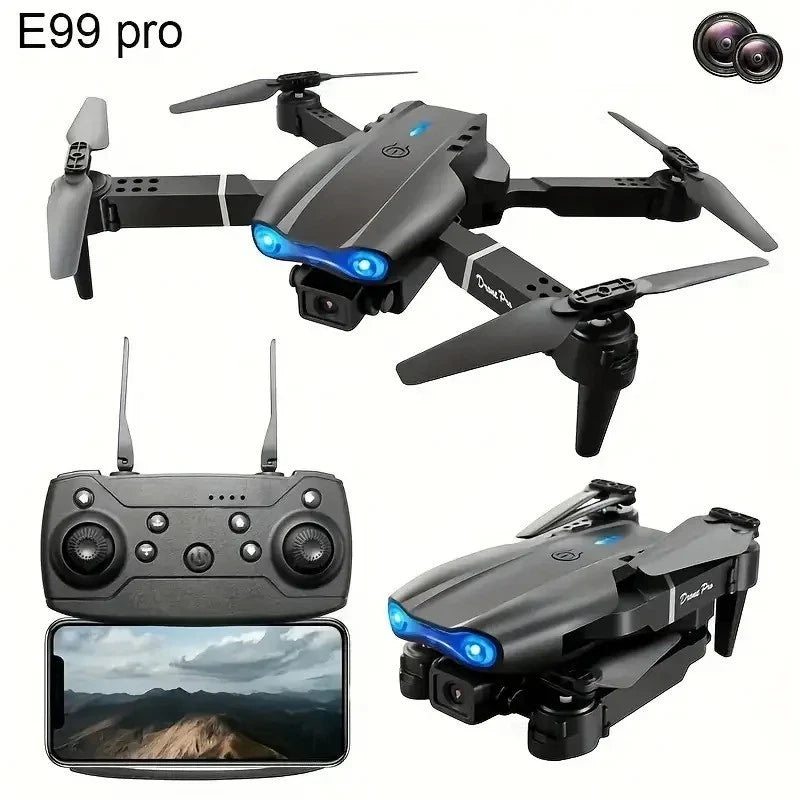 E99 PRO quadcopter drone with blue lights, dual camera, and remote controller