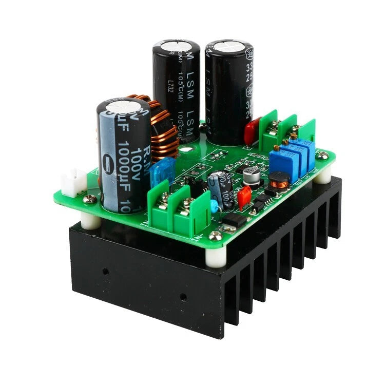 DC-DC boost converter module with green circuit board and electrolytic capacitors, blue chip