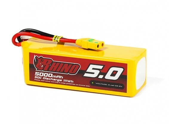 6S LiPo battery pack, yellow 5000mAh 50C, red/black leads, XT90 connector