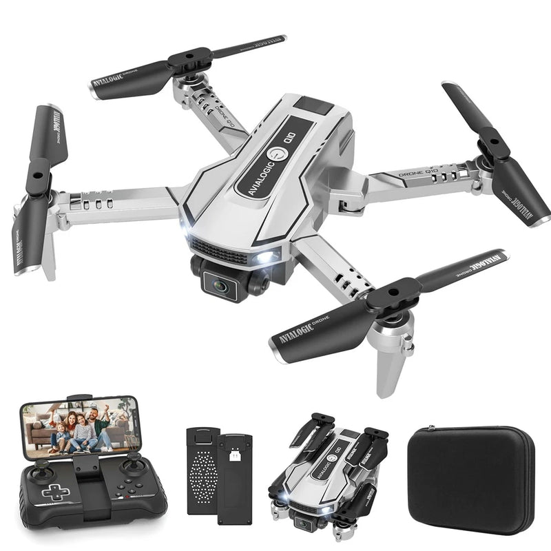 Mini quadcopter drone with camera, showing controller, battery, and carrying case