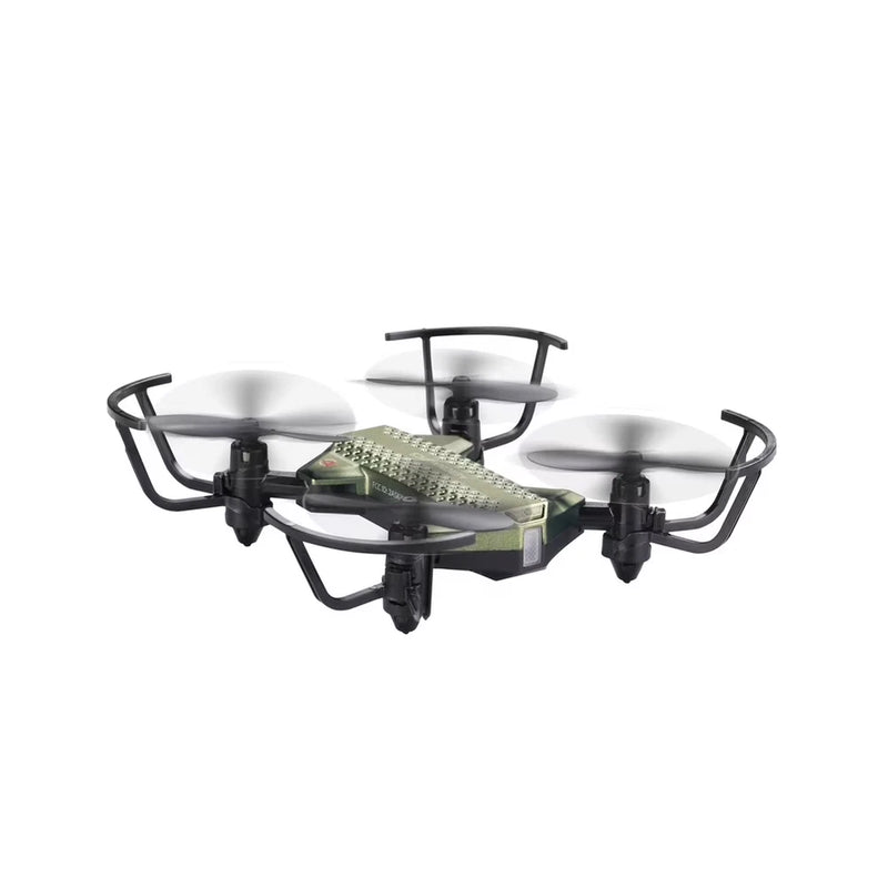 Compact micro drone with LED lamps, green body, four propellers with guards