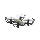 Compact micro drone with LED lamps, green body, four propellers with guards