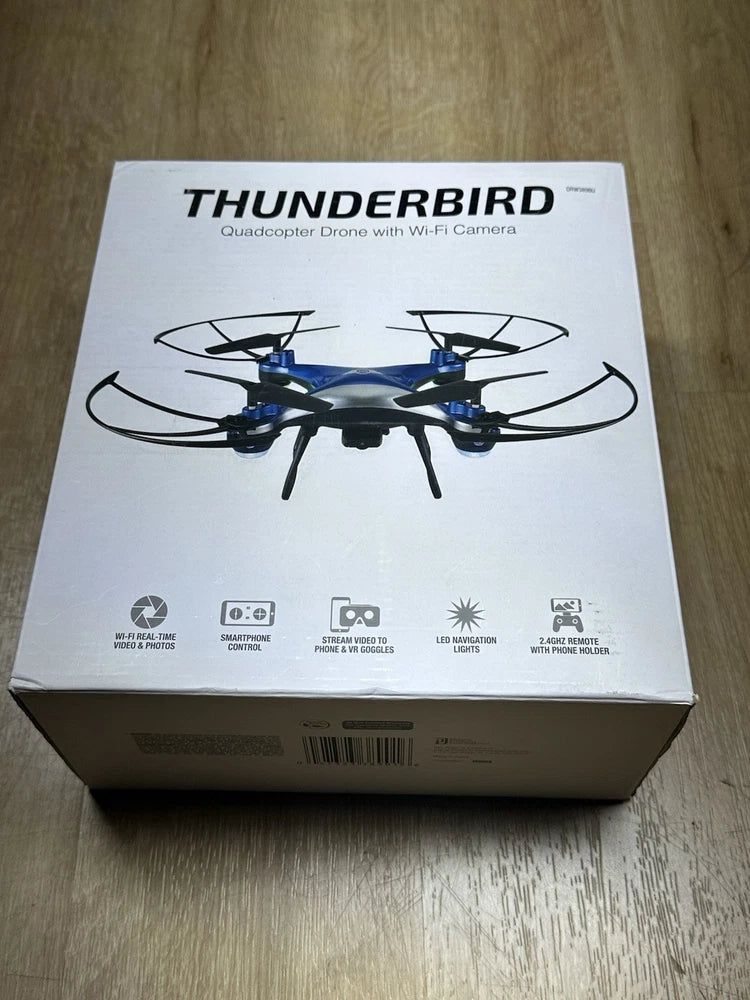 THUNDERBIRD quadcopter drone box with printed drone and features icons