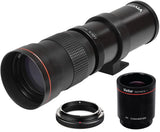 Black telephoto zoom lens with red accents, mount ring and 2x converter for Nikon