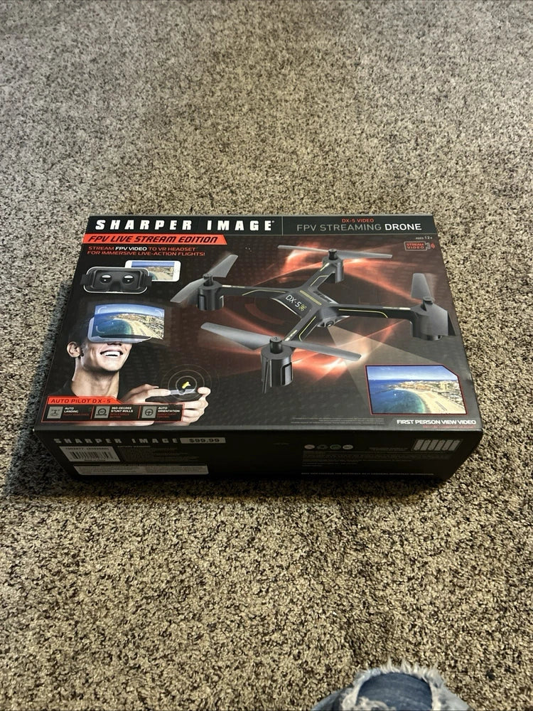 Sharper Image FPV streaming drone retail box, new in box with drone photos
