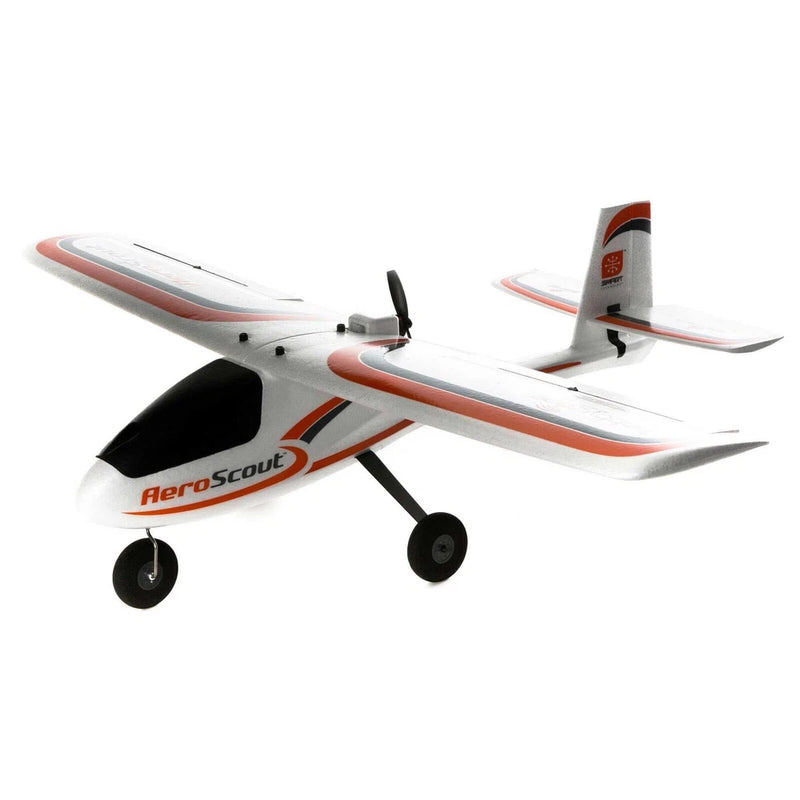 HobbyZone AeroScout S RC airplane, white with orange stripes, twin wheels and propeller