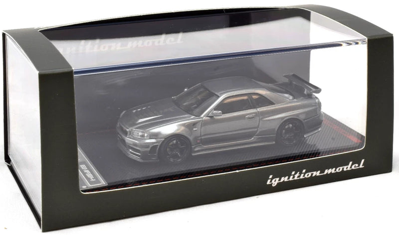 Ignition Model Nissan Skyline GT-R Nismo R34 die-cast model car, gray, front 3/4 view