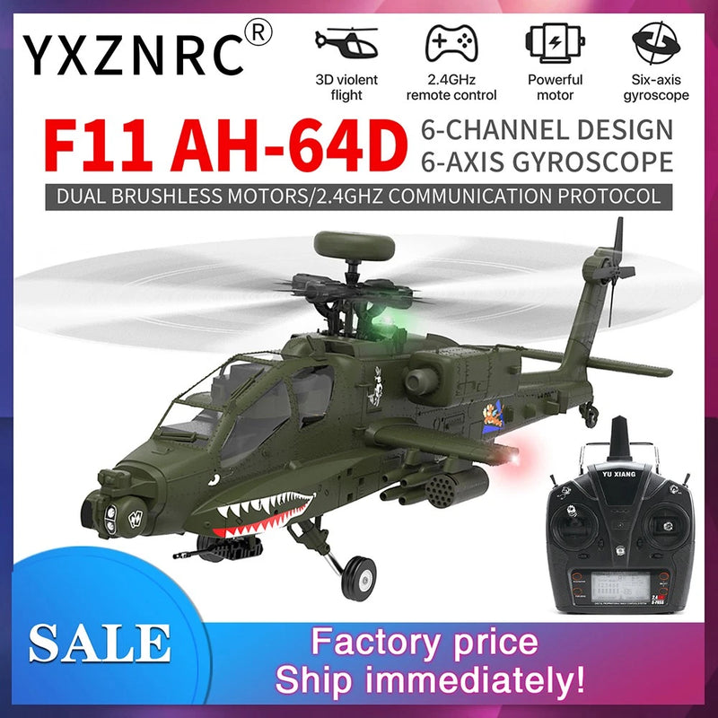 YXZNRC F11 AH-64D Apache 6-Axis 3D Gyro 6CH Flybarless RC Helicopter 1-3 Battery