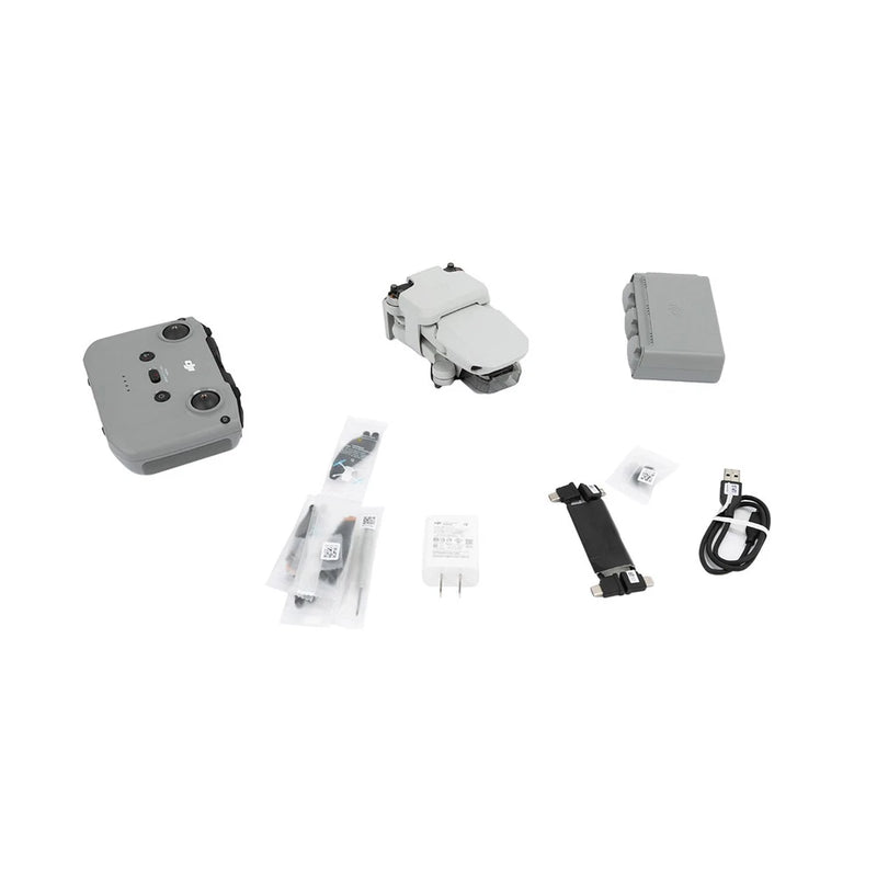 DJI Mini 2 Fly More combo with drone, controller, batteries, cables, and charging hub