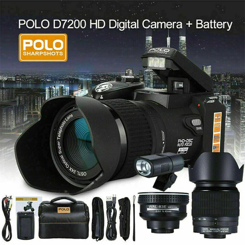 Black digital professional camera kit with long zoom lens and included accessories