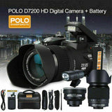 Black digital professional camera kit with long zoom lens and included accessories