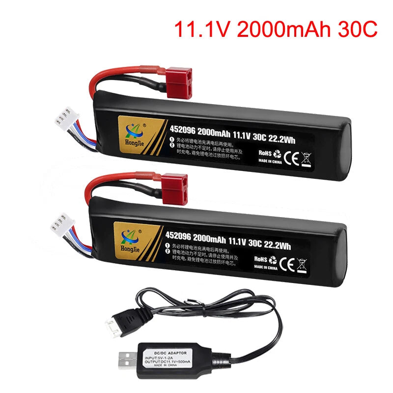 2pcs for Airsoft 11.1V 2000mAh 30C 3S Rechargeable LiPo Battery + T Plug