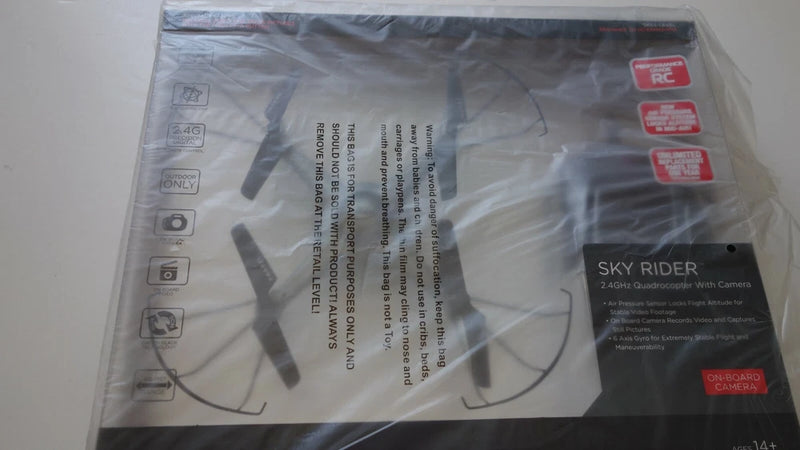 Sky Rider quadcopter drone kit in clear retail packaging
