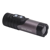 Waterproof bike action camera, cylindrical black with gray grip and lens front